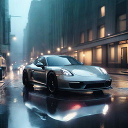 A sleek Porsche sports car parked under the rain, with raindrops glistening on its surface and puddles forming on the ground