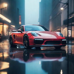 A sleek Porsche sports car parked under the rain, with raindrops glistening on its surface and puddles forming on the ground