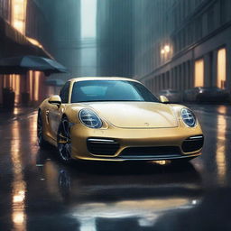 A sleek Porsche sports car parked under the rain, with raindrops glistening on its surface and puddles forming on the ground