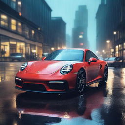 A sleek Porsche sports car parked under the rain, with raindrops glistening on its surface and puddles forming on the ground