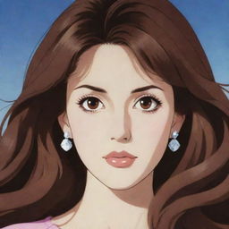 A girl with long, wavy, brown hair, large brown eyes, fair skin, diamond-shaped face, big lips, small nose, and a thin body in 80's anime style, similar to the aesthetic of the anime NaNa.