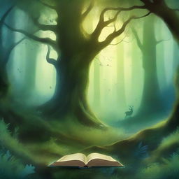 A captivating book cover featuring an enchanting forest with a mystical aura, a hidden path leading to an ancient castle in the distance, and a hint of magical creatures peeking through the foliage