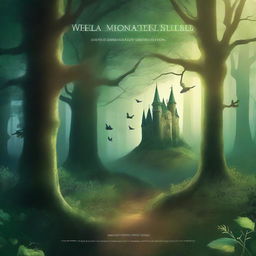 A captivating book cover featuring an enchanting forest with a mystical aura, a hidden path leading to an ancient castle in the distance, and a hint of magical creatures peeking through the foliage