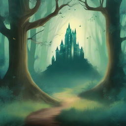 A captivating book cover featuring an enchanting forest with a mystical aura, a hidden path leading to an ancient castle in the distance, and a hint of magical creatures peeking through the foliage