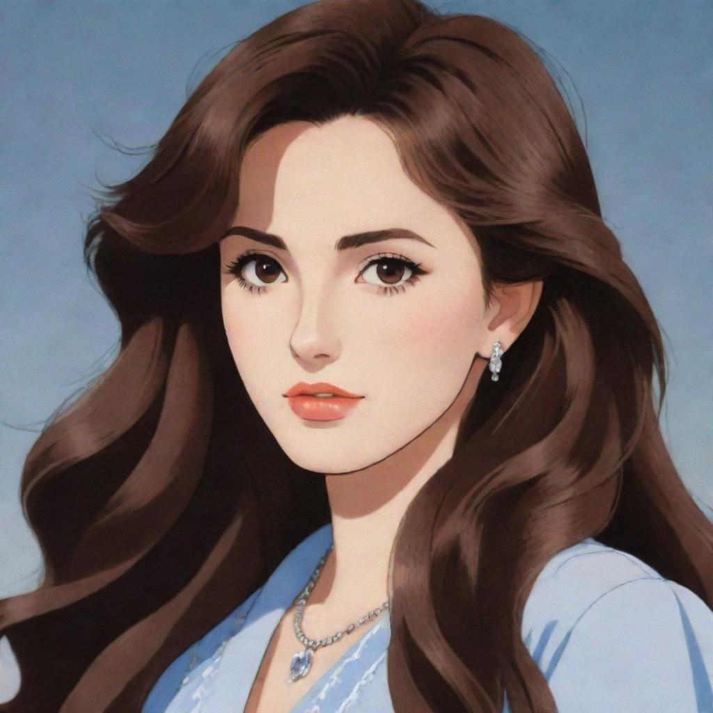 A girl with long, wavy, brown hair, large brown eyes, fair skin, diamond-shaped face, big lips, small nose, and a thin body in 80's anime style, similar to the aesthetic of the anime NaNa.