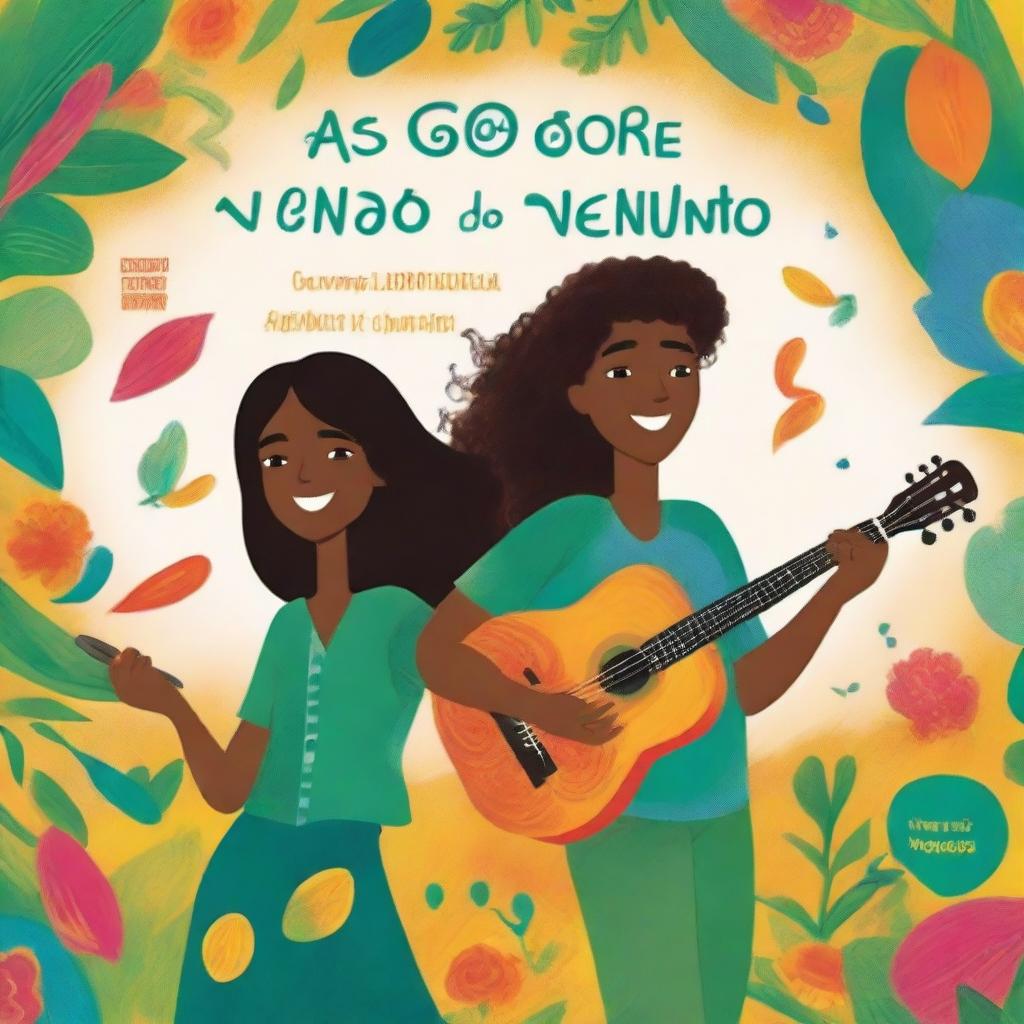 Cover art for the book 'As cores do vento': Elena, a skillful artist, and Gabriel, a nature-inspired musician, meet in a vibrant scene