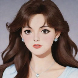 A girl with long, wavy, brown hair, large brown eyes, fair skin, diamond-shaped face, big lips, small nose, and a thin body in 80's anime style, similar to the aesthetic of the anime NaNa.