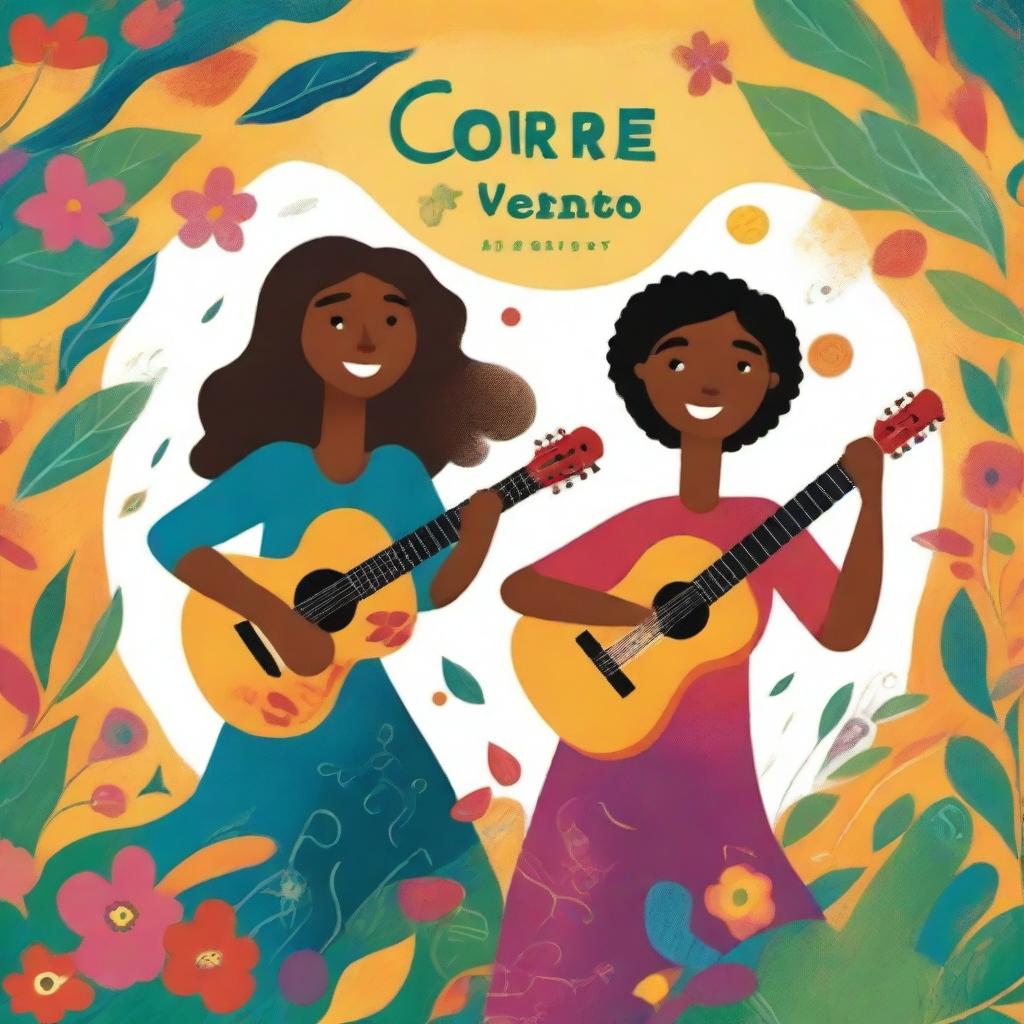 Cover art for the book 'As cores do vento': Elena, a skillful artist, and Gabriel, a nature-inspired musician, meet in a vibrant scene