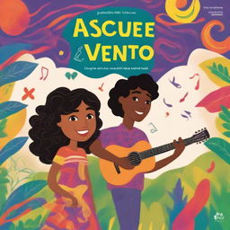 Cover art for the book 'As cores do vento': Elena, a skillful artist, and Gabriel, a nature-inspired musician, meet in a vibrant scene