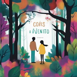 Create the cover of a book called 'As Cores do Vento' which tells the story of Elena and Gabriel, two talented young people who meet amidst the vibrant colors of an art gallery, where an instant connection unites them