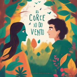 Create the cover of a book called 'As Cores do Vento' which tells the story of Elena and Gabriel, two talented young people who meet amidst the vibrant colors of an art gallery, where an instant connection unites them