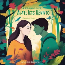 Create the cover of a book called 'As Cores do Vento' which tells the story of Elena and Gabriel, two talented young people who meet amidst the vibrant colors of an art gallery, where an instant connection unites them