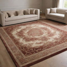 A carpet created from a custom design based on a specific image or picture. The design meticulously replicates the original, intricately transforming it into an appealing and luxurious floor covering.