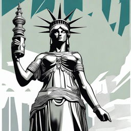 A dynamic portrayal of the Statue of Liberty in a sleek, modernized armor, equipped with weaponry