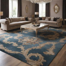 A carpet created from a custom design based on a specific image or picture. The design meticulously replicates the original, intricately transforming it into an appealing and luxurious floor covering.