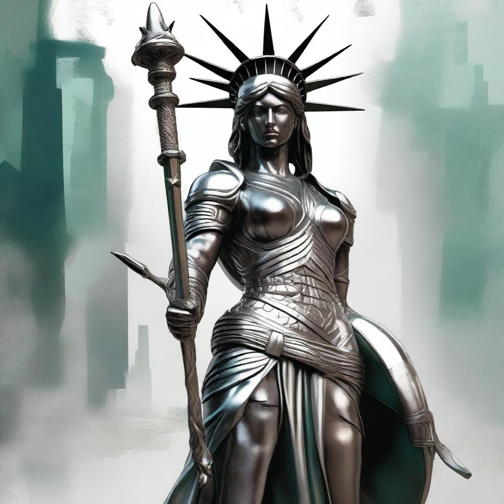 The Statue of Liberty reimagined as a warrior, clad in sleek, modernized armor