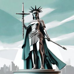 The Statue of Liberty reimagined as a warrior, clad in sleek, modernized armor