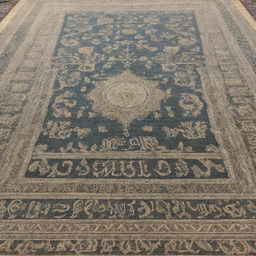 A carpet intricately designed with images of Saudi Riyal currency notes weaved into the fabric