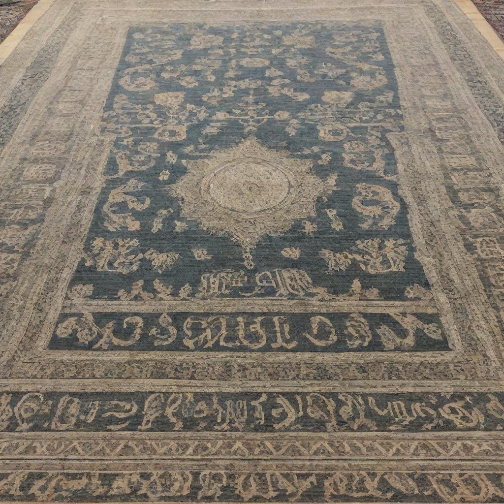 A carpet intricately designed with images of Saudi Riyal currency notes weaved into the fabric