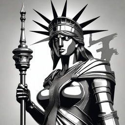 The Statue of Liberty reimagined as a warrior, clad in sleek, modernized armor