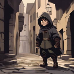 A detailed fantasy illustration of a rogue halfling character