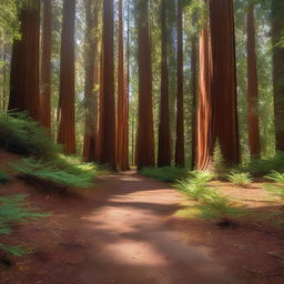 A serene path winding through a forest of towering sequoia trees