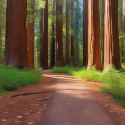 A serene path winding through a forest of towering sequoia trees