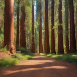 A serene path winding through a forest of towering sequoia trees