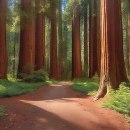 A serene path winding through a forest of towering sequoia trees