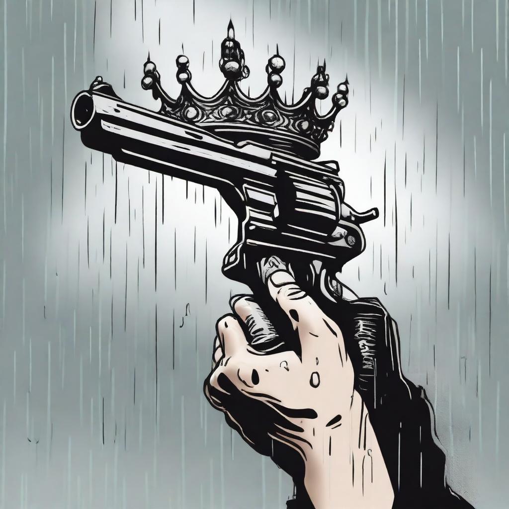 A detailed illustration of a hand holding a crown and a gun, set against a rainy background