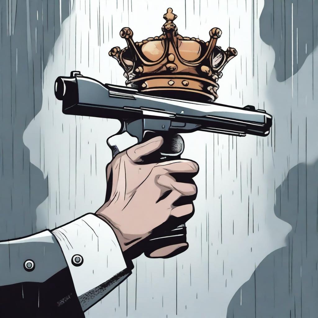 A detailed illustration of a hand holding a crown and a gun, set against a rainy background