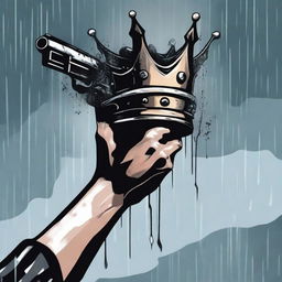 A detailed illustration of a hand holding a crown and a gun, set against a rainy background