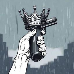 A detailed illustration of a hand holding a crown and a gun, set against a rainy background