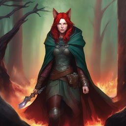 A D&D 5E Shifter female character with red hair, blue eyes, and red wolf ears, wearing leather armor and a hooded cloak in forest green and crimson