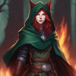 A D&D 5E Shifter female character with red hair, blue eyes, and red wolf ears, wearing leather armor and a hooded cloak in forest green and crimson