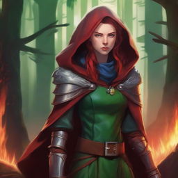 A D&D 5E Shifter female character with red hair, blue eyes, and red wolf ears, wearing leather armor and a hooded cloak in forest green and crimson