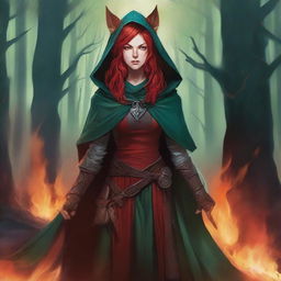 A D&D 5E Shifter female character with red hair, blue eyes, and red wolf ears, wearing leather armor and a hooded cloak in forest green and crimson