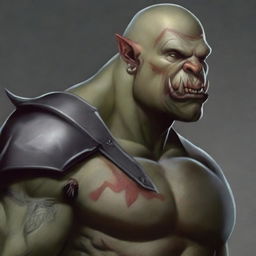 Create a Dungeons and Dragons character: a bald orc with an angry face and protruding lower teeth