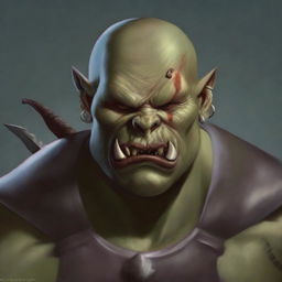 Create a Dungeons and Dragons character: a bald orc with an angry face and protruding lower teeth