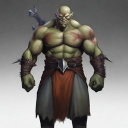 Create a Dungeons and Dragons character: a bald orc with an angry face and protruding lower teeth