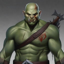 Create a Dungeons and Dragons character: a bald orc with an angry face and protruding lower teeth