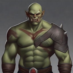 Create a Dungeons and Dragons character: a bald orc with an angry face and protruding lower teeth