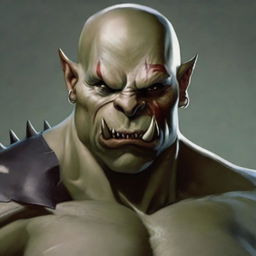 Create a Dungeons and Dragons character: a bald orc with an angry face and protruding lower teeth