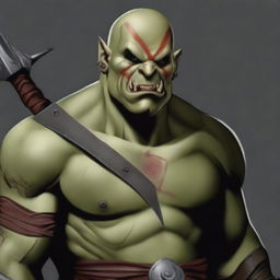 Create a Dungeons and Dragons character: a bald orc with an angry face and protruding lower teeth