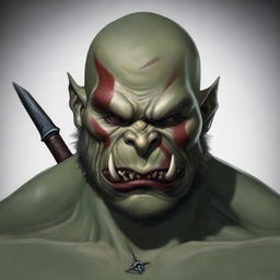 Create a Dungeons and Dragons character: a bald orc with an angry face and protruding lower teeth