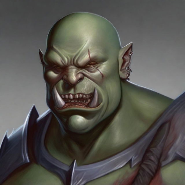 Create a Dungeons and Dragons character: a bald orc with an angry face and protruding lower teeth