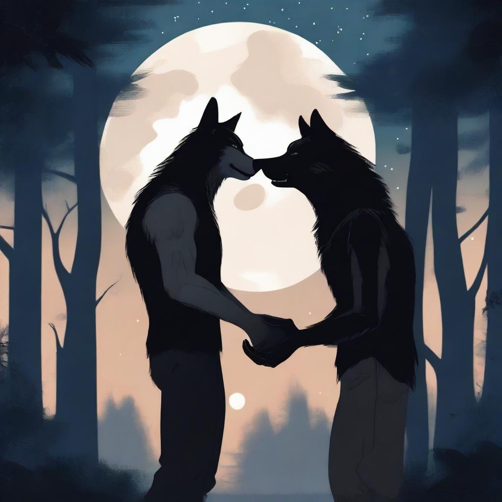 A romantic scene featuring a werewolf and a human under a full moon in a forest