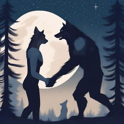 A romantic scene featuring a werewolf and a human under a full moon in a forest