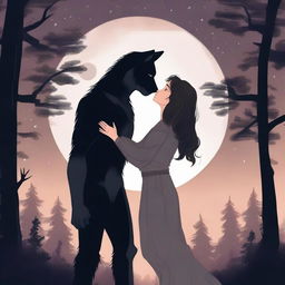 A romantic scene featuring a werewolf and a human under a full moon in a forest