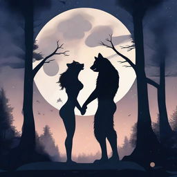 A romantic scene featuring a werewolf and a human under a full moon in a forest